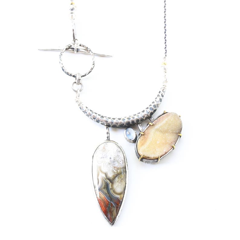 Oval yellow druzy lace agate and moonstone pendant necklace in silver bezel setting with silver tube on Sterling silver oxidized chain