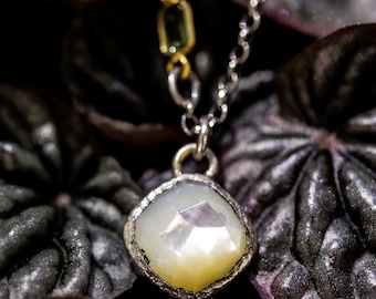 Square White Moonstone pendant necklace in silver bezel setting with oxidized sterling silver chain