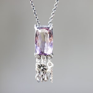 Radiant Ametrine necklace in silver bezel and prongs setting with silver beads chain and flower decoration on oxidized sterling silver chain