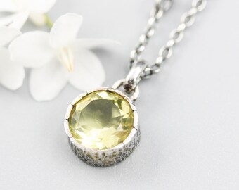 Round cut Lemon quartz pendant necklace with oxidized sterling silver chain