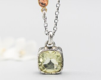 Princess cut Lemon quartz pendant necklace with oxidized sterling silver chain