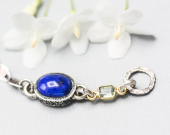 Lapis lazuli pendant bracelet with green tourmaline gemstone on sterling silver chain