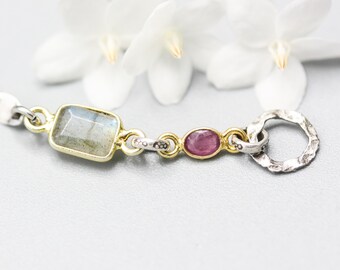 Pulsera colgante de labradorita con piedra preciosa de rubí en cadena de plata de ley