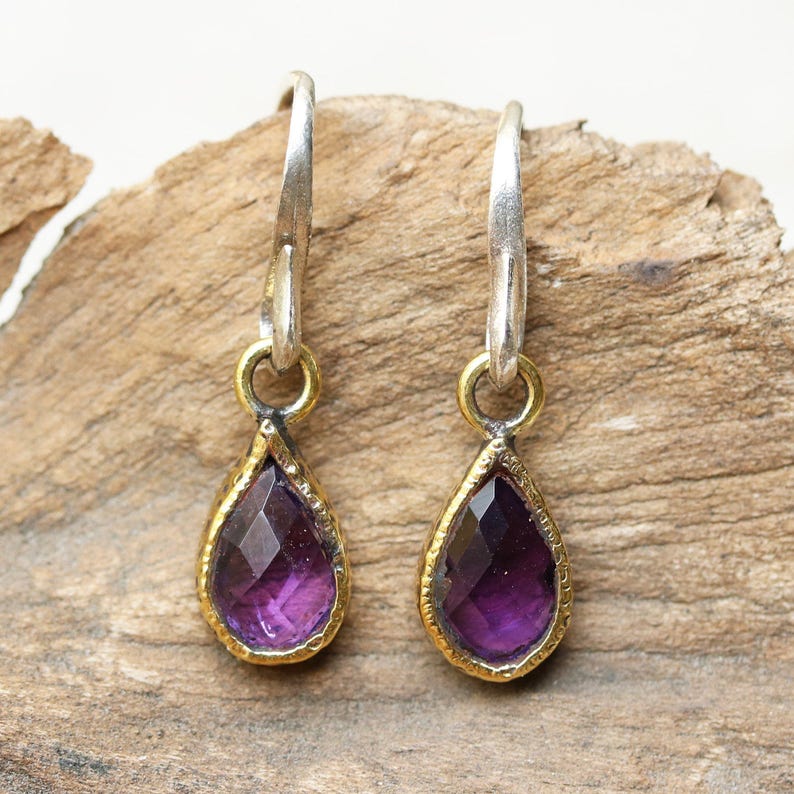 Teardrop faceted amethyst earrings in brass bezel setting and sterling silver hooks