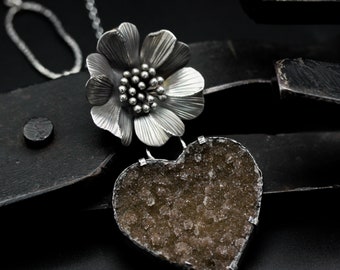 Brown Druzy in Heart shape pendant necklace with silver flower on sterling silver chain