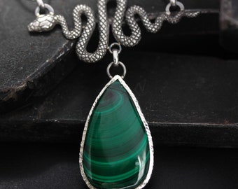 Silver Snake pendant necklace with teadrop Malachite on sterling silver chian