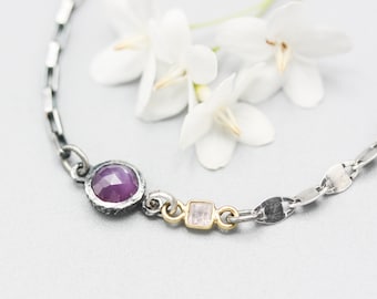 Pink sapphire pendant bracelet with tiny square pink sapphire gemstone on sterling silver chain