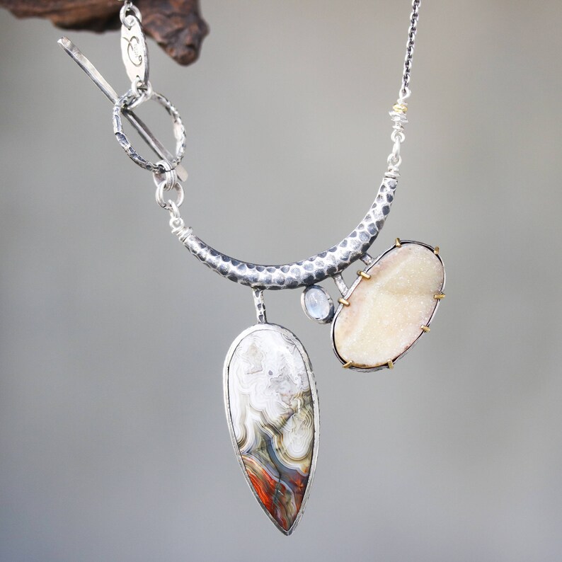 Oval yellow druzy lace agate and moonstone pendant necklace in silver bezel setting with silver tube on Sterling silver oxidized chain