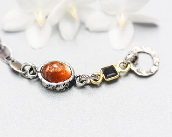 Sunstone pendant bracelet with Black tourmaline gemstone on sterling silver chain