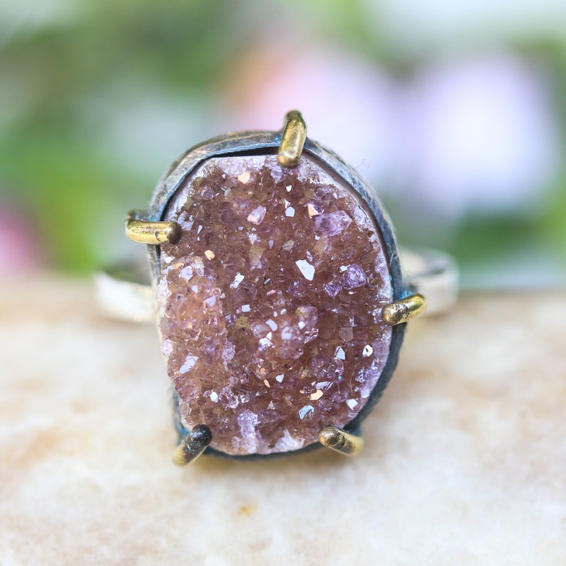 Sterling silver ring with tiny Druzy quartz in silver bezel and brass prongs setting