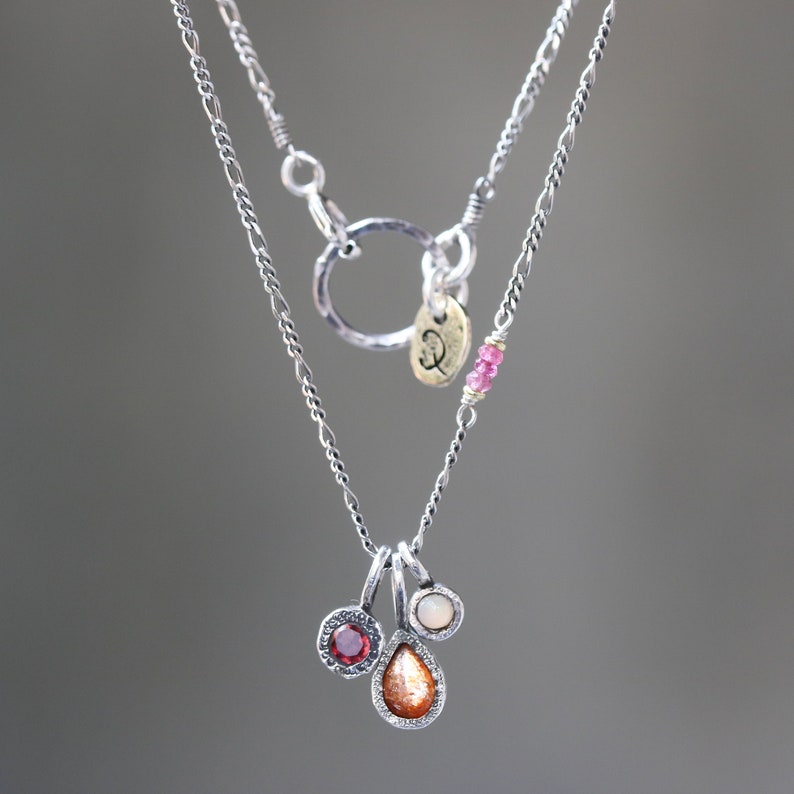 Three princess necklace,sunstone,garnet,opal gemstone pendant in silver bezel setting