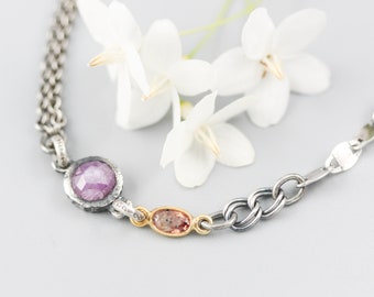 Pulsera colgante de zafiro rosa con piedra preciosa de zafiro amarillo en cadena de plata de ley