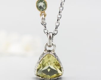 Trillion cut Lemon quartz pendant necklace with oxidized sterling silver chain