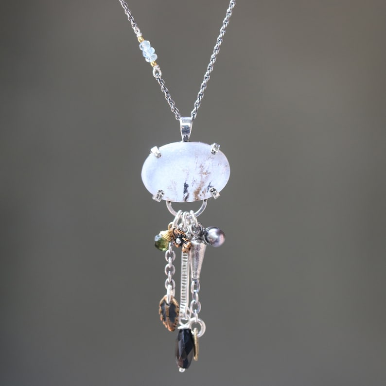 Pine forest in oval dendritic quartz pendant necklace in sterling silver prongs setting with mix gemstone on oxidized sterling silver chain