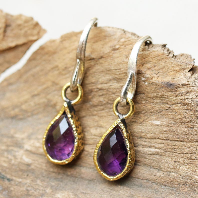 Teardrop faceted amethyst earrings in brass bezel setting and sterling silver hooks