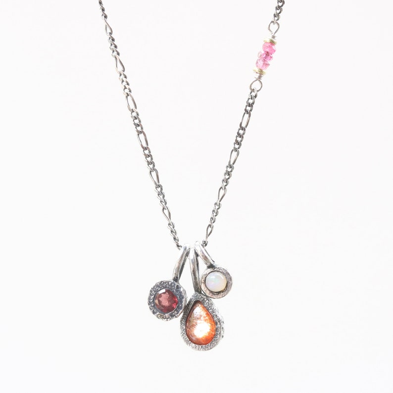 Three princess necklace,sunstone,garnet,opal gemstone pendant in silver bezel setting