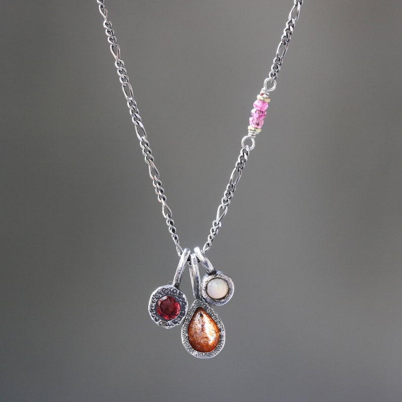Three princess necklace,sunstone,garnet,opal gemstone pendant in silver bezel setting