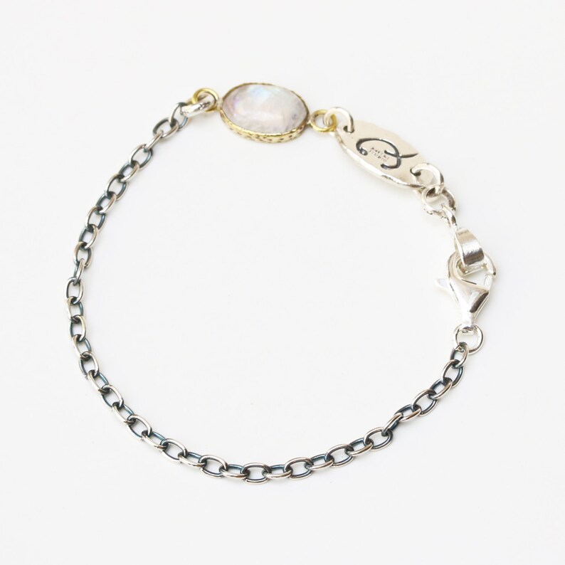 Bracelet oval cabochon moonstone in brass bezel setting and oxidized sterling silver chain FBA