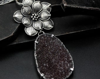 Large teardrop brown Druzy pendant choker necklace with silver flower shape