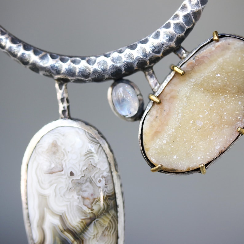Oval yellow druzy lace agate and moonstone pendant necklace in silver bezel setting with silver tube on Sterling silver oxidized chain