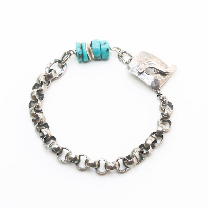 No.5 Turquoise beads bracelet with oxidized sterling silver rolo style chain