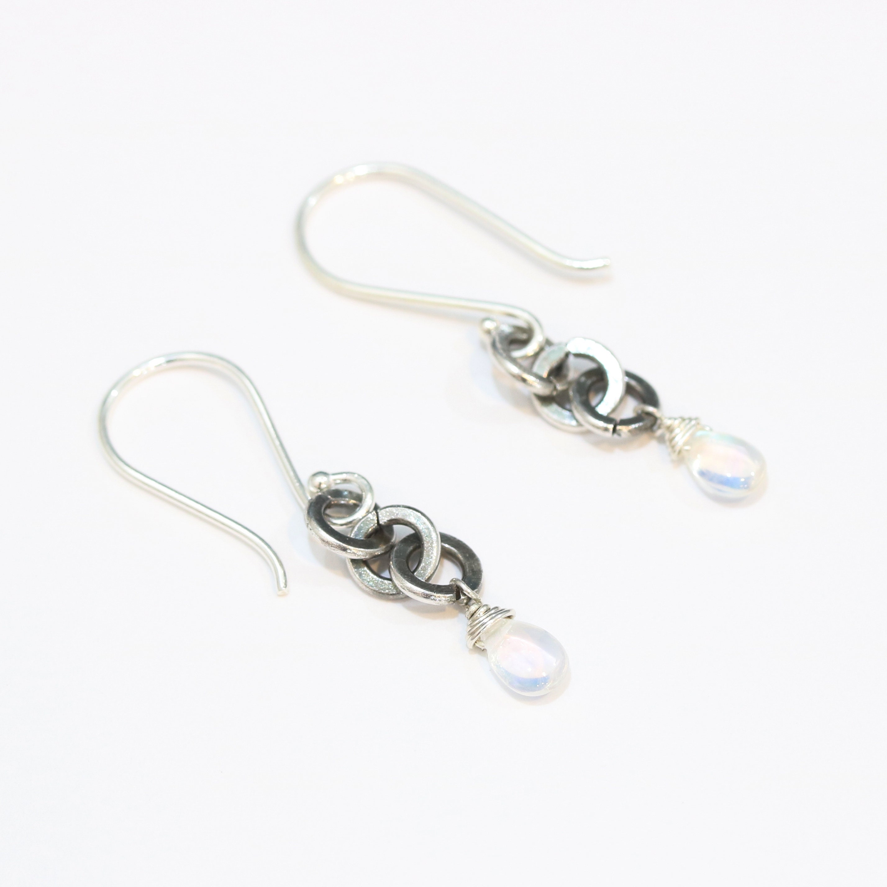 Earrings,teardrop Cabochon Moonstone and 3 Round Silver Ring on