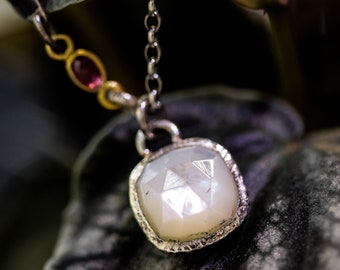 Square faceted White Moonstone pendant necklace in silver bezel setting