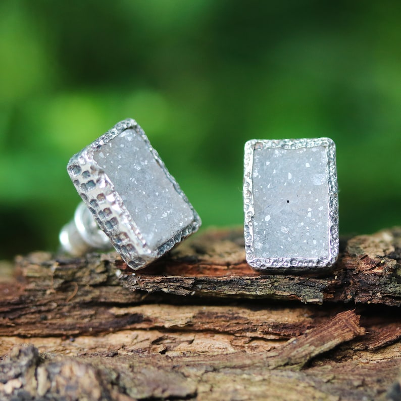 Rectangle grey Druzy quartz earrings in silver bezel setting with sterling silver stud style