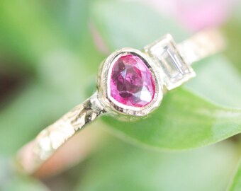 Teardrop ruby ring in bezel setting and rectangle diamond with 18k gold texture band