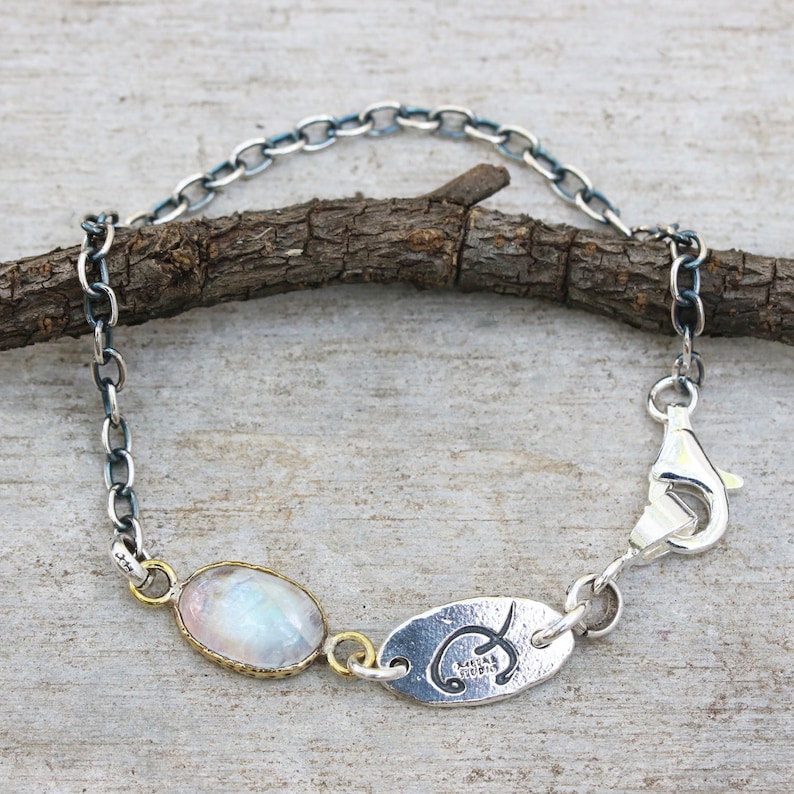 Bracelet oval cabochon moonstone in brass bezel setting and oxidized sterling silver chain FBA