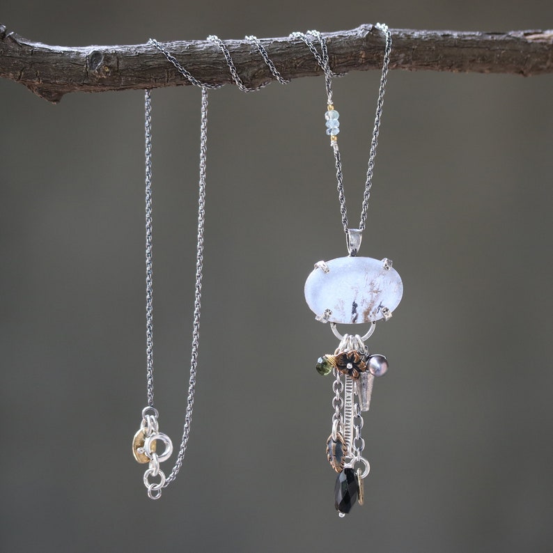 Pine forest in oval dendritic quartz pendant necklace in sterling silver prongs setting with mix gemstone on oxidized sterling silver chain