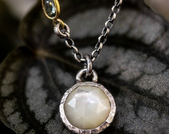 White Moonstone pendant necklace in silver bezel setting with oxidized sterling silver chain