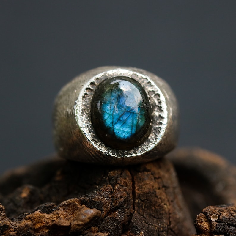 Oval cabochon Labradorite with silver signet ring in brushed and oxidized sterling silver