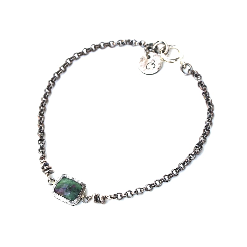 Rectangle faceted ruby zoisite bracelet in silver bezel setting and sterling silver oxidized rolo chain