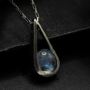 Silver teardrop pendant with Moonstone gemstone set with sterling silver chain necklace