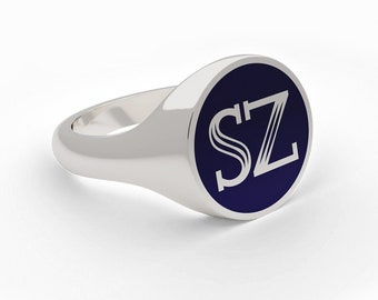 Round Signet Ring, Sterling Silver, Navy Blue Enamel
