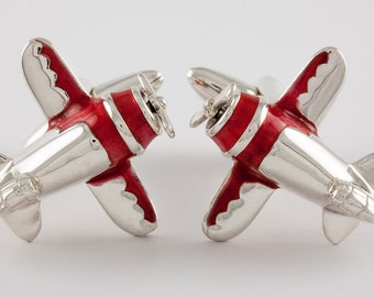 Sterling Silver 925 Gee Bee Airplane Cufflinks, Red Enamel, Personalized Engraving