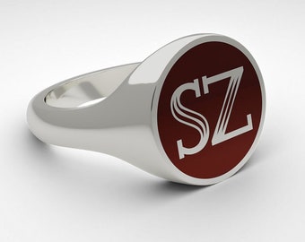 Round Signet Ring, Sterling Silver, Burgundy Red Enamel