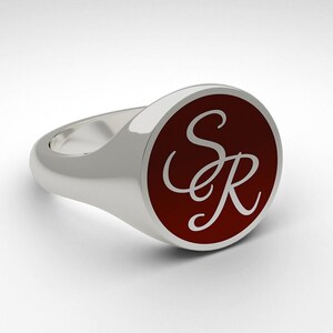 Round Signet Ring, Sterling Silver, Burgundy Red Enamel