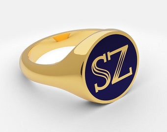 Round Signet Ring in Gold Vermeil, Sterling Silver, Dark Blue Enamel
