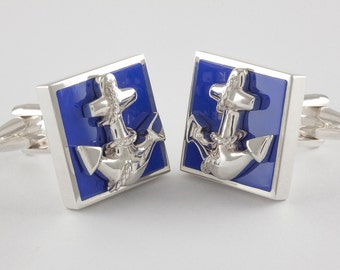 Anchor Cufflinks in Sterling Silver and blue enamel, square shaped, personalized