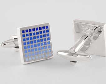 Blue Gradient Pixel Art Cufflinks, Sterling Silver & Enamel, handcrafted, personalized