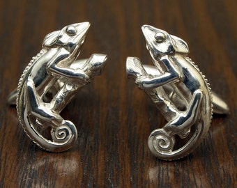 Personalized Sterling Silver 925 Chameleon Cufflinks, Handcrafted Reptile Jewelry