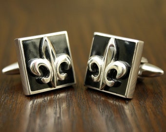 Fleur De Lys Black Enamel Cuff Links, Sterling Silver