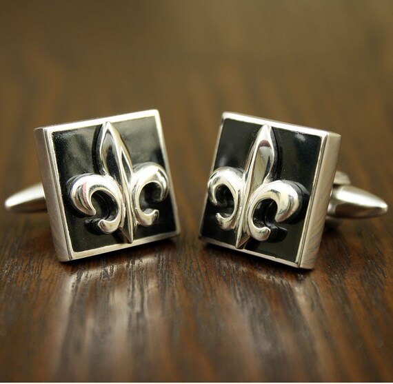 Fleur De Lys Black Enamel Cuff Links, Sterling Silver