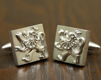 Sterling Silver Lion Cufflinks Square Colonial Design Personalized Engraving