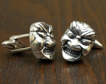 Sterling Silver Japanese Noh Mask Cufflinks With Personalized Engraving