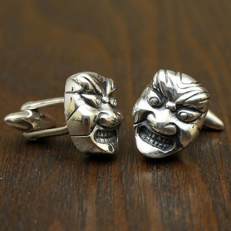 Japanese Theater Mask Cufflinks, Sterling SIlver image 1