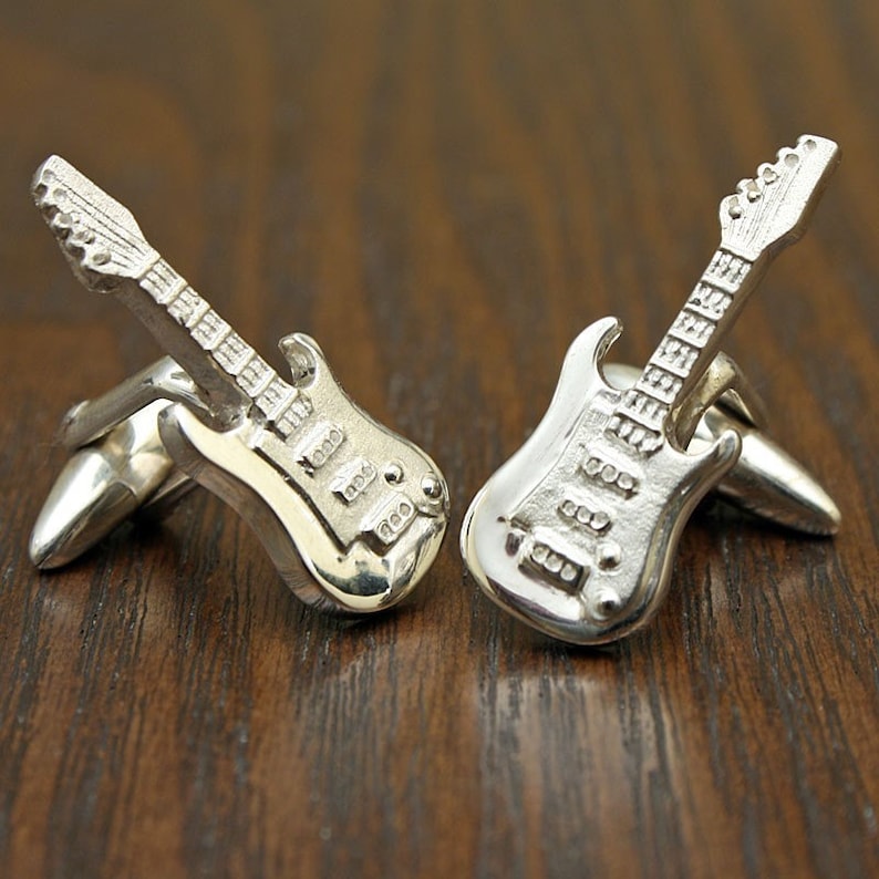 Rock Guitar Cufflinks, Sterling Silver, Handcrafted image 1