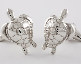 Sterling Silver Sea Turtle Cufflinks, Personalized Engraving, High Polish